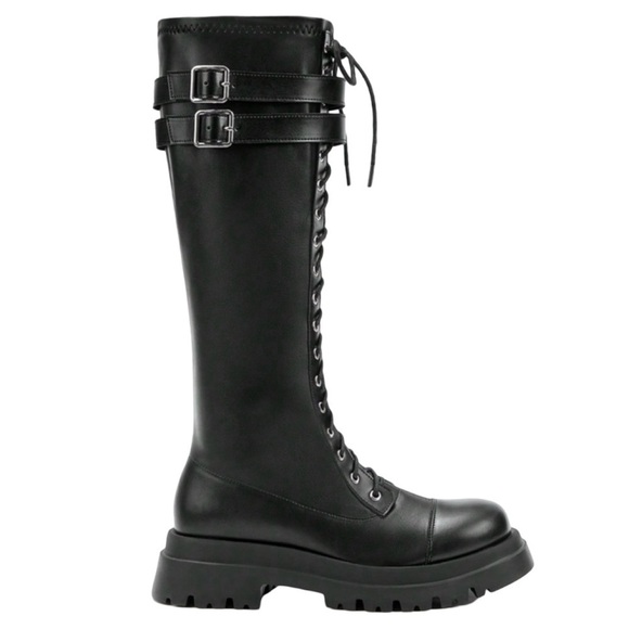 CUCCOO • Black Buckle Decor Lace-Up Front Combat Boots For Summer Punk Sorceress - Picture 1 of 7